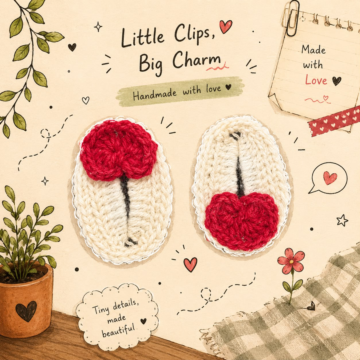 Handmade crochet clips with red flowers