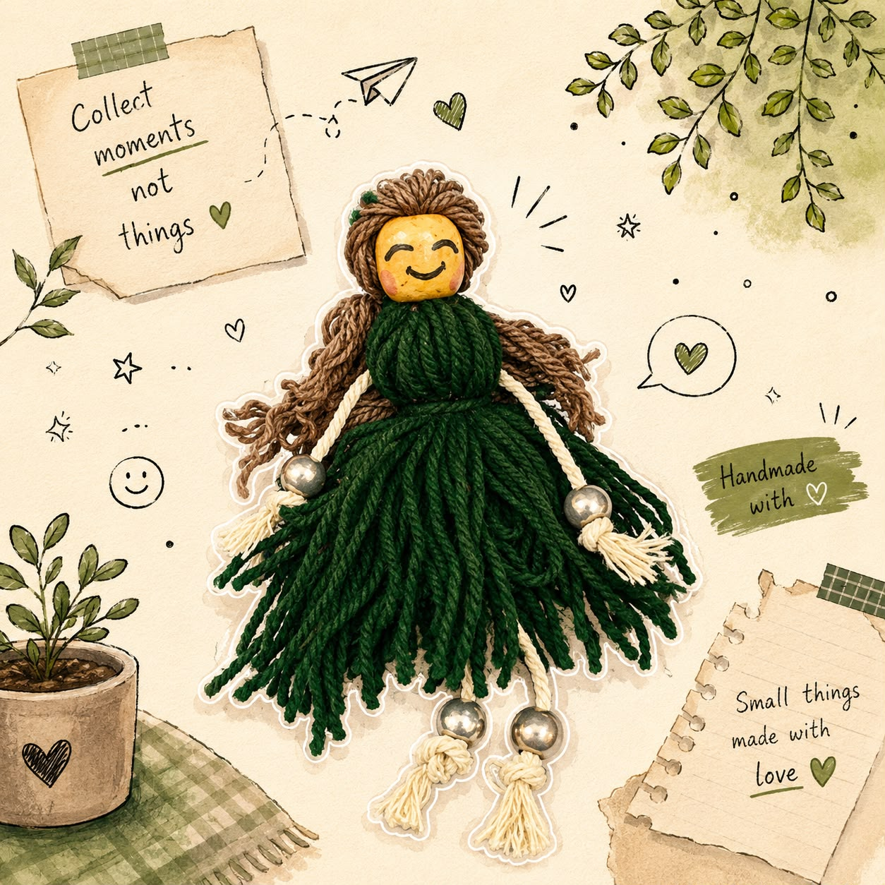 Green handmade yarn doll